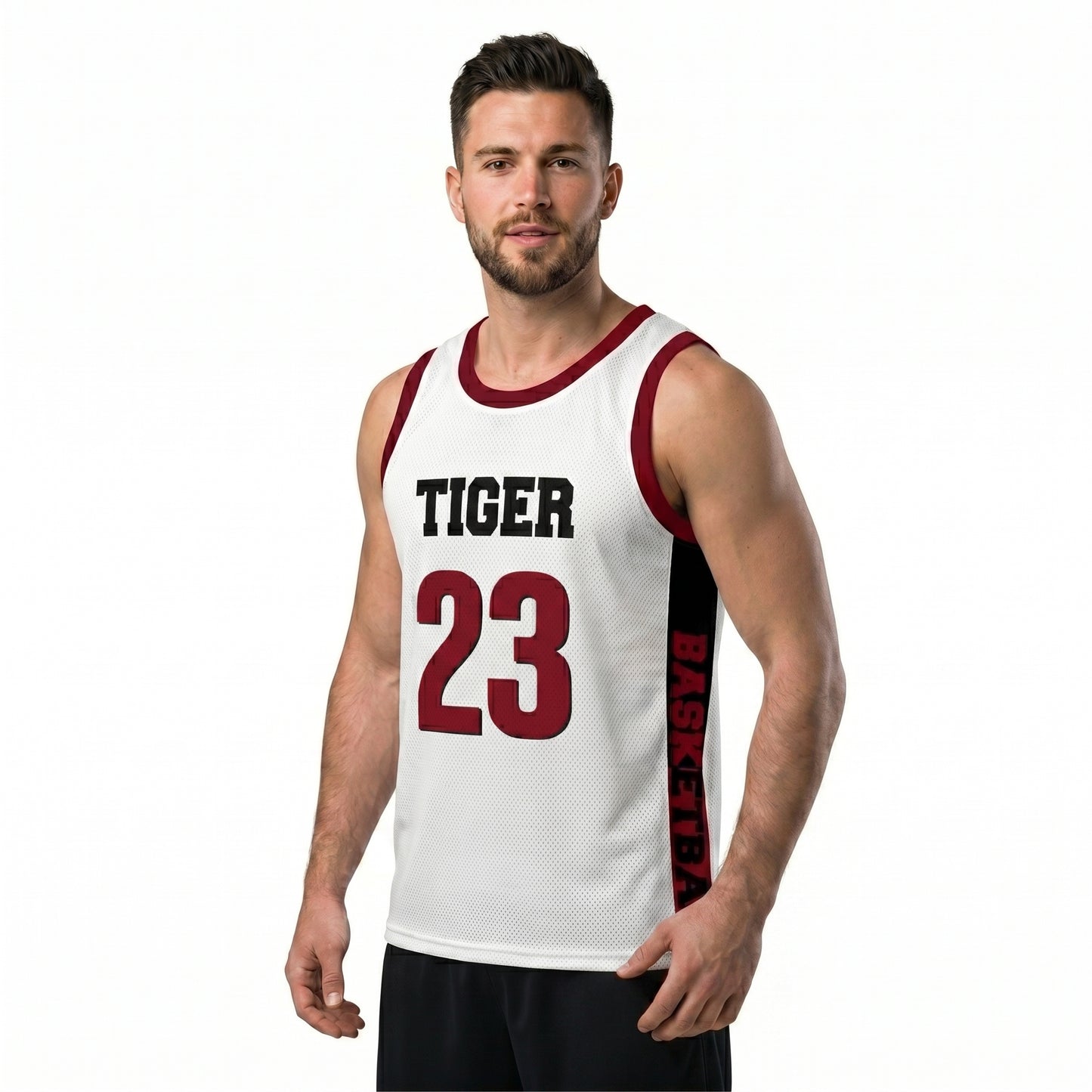 Custom Basketball Jersey - Personalized White Tank Top with Maroon Trim - Full Sublimation