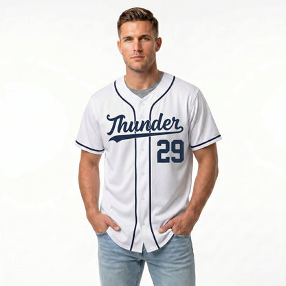 Custom Baseball Jersey - Personalized White Shirt with Navy Blue Piping - Full Sublimation for Men Women- Personalized Team Sportswear printed or Stitched Name Number (Size S-8XL)