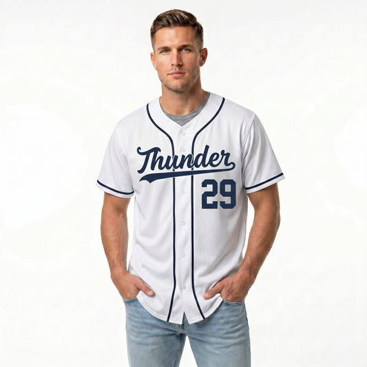 Custom Baseball Jersey - Personalized White Shirt with Navy Blue Piping - Full Sublimation
