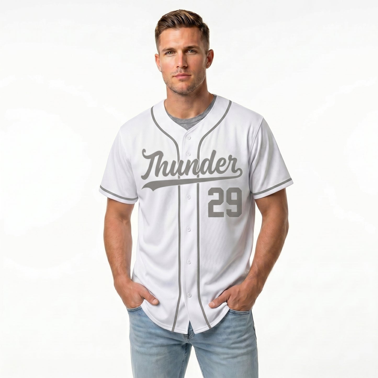 Custom Baseball Jersey - Personalized White Shirt with Grey Piping - Full Sublimation for Men Women- Personalized Team Sportswear printed or Stitched Name Number (Size S-8XL)