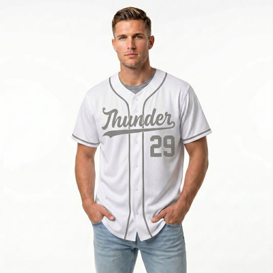 Custom Baseball Jersey - Personalized White Shirt with Grey Piping - Full Sublimation
