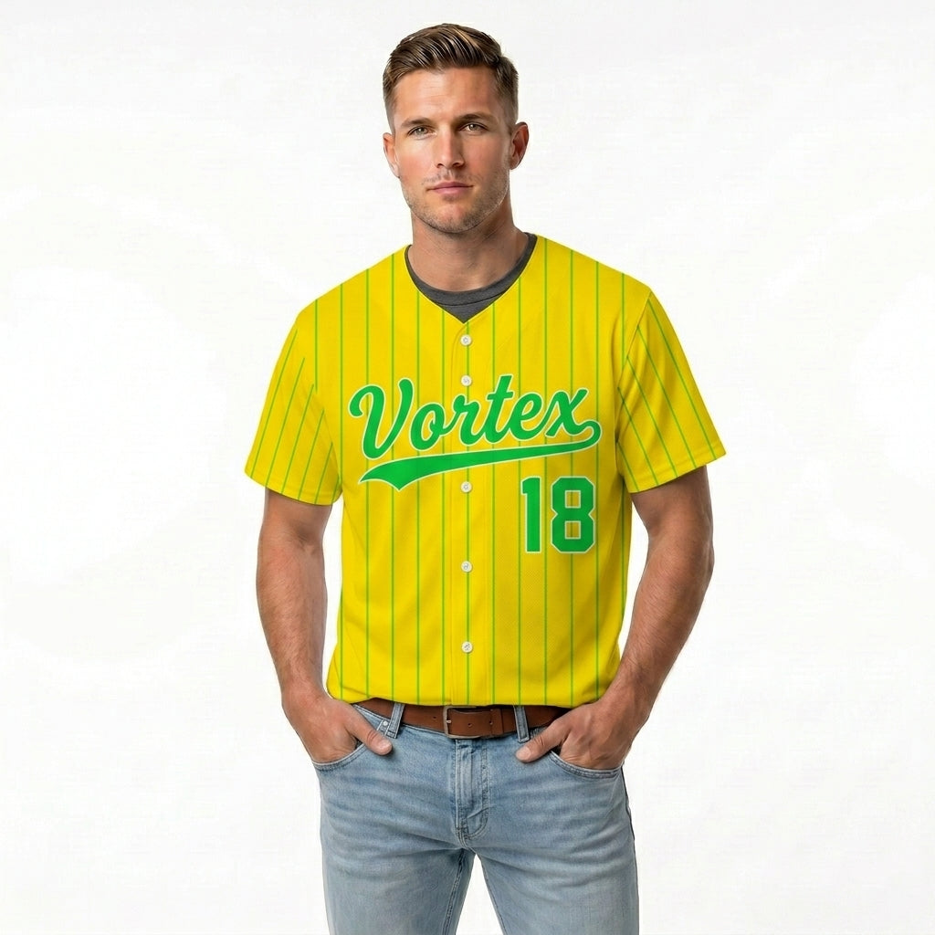 Custom Baseball Jersey - Personalized Yellow Shirt with Green Pinstripes & Graphics