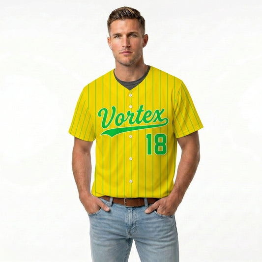 Custom Baseball Jersey - Personalized Yellow Shirt with Green Pinstripes & Graphics