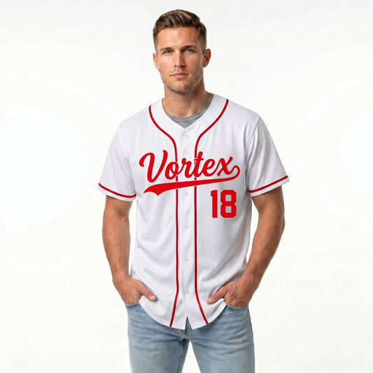 Custom Baseball Jersey - Personalized White Shirt with Red Piping - Full Sublimation