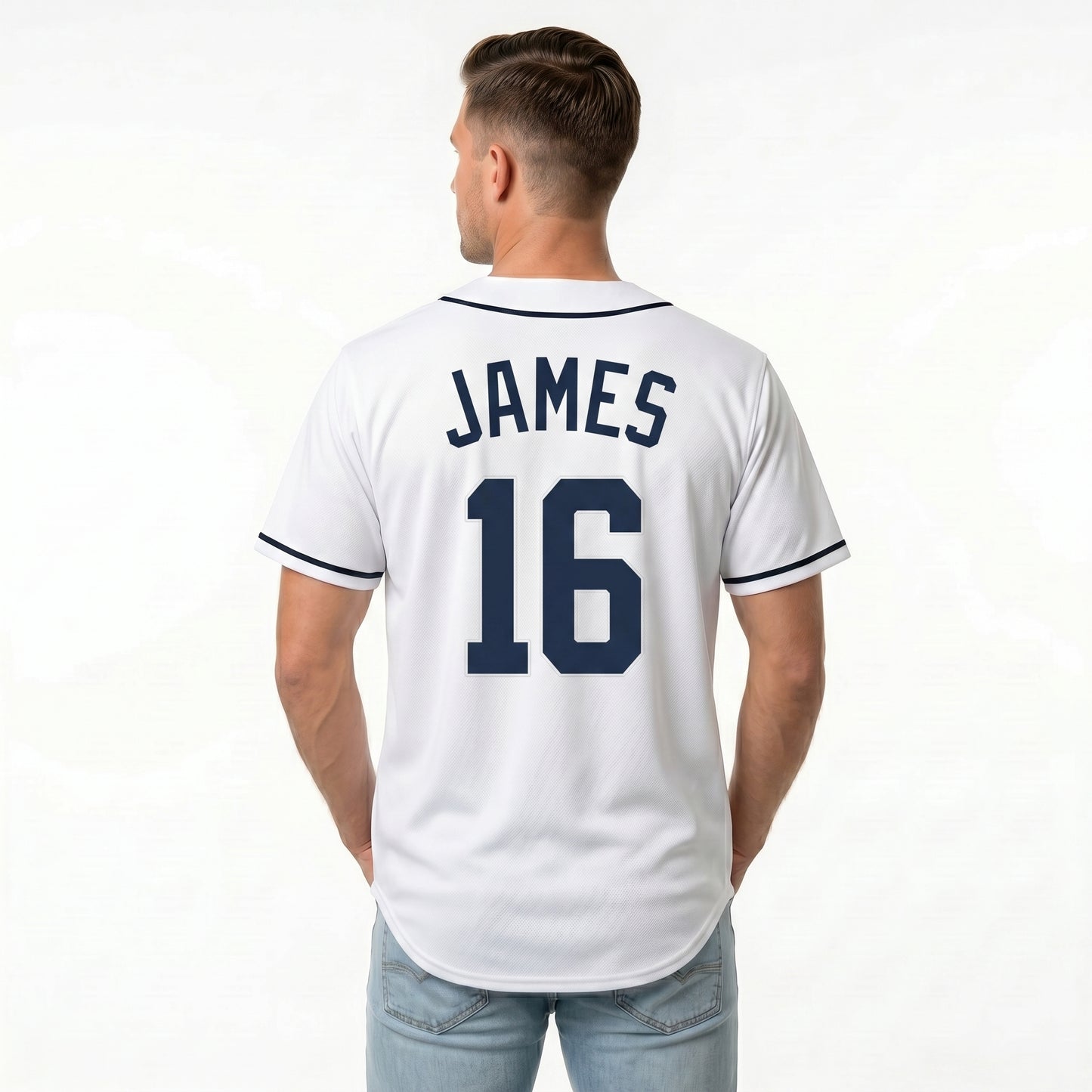 Custom Baseball Jersey - Personalized White Shirt with Navy Blue Piping - Full Sublimation for Men Women- Personalized Team Sportswear printed or Stitched Name Number (Size S-8XL)