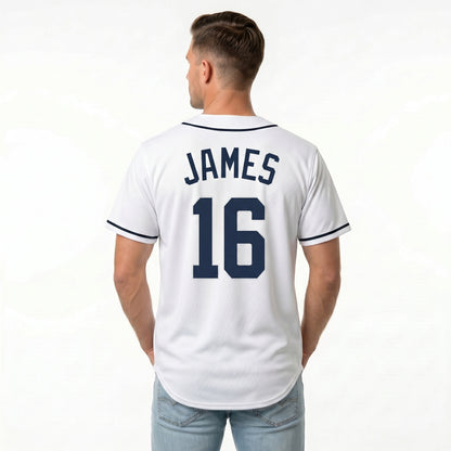 Custom Baseball Jersey - Personalized White Shirt with Navy Blue Piping - Full Sublimation for Men Women- Personalized Team Sportswear printed or Stitched Name Number (Size S-8XL)