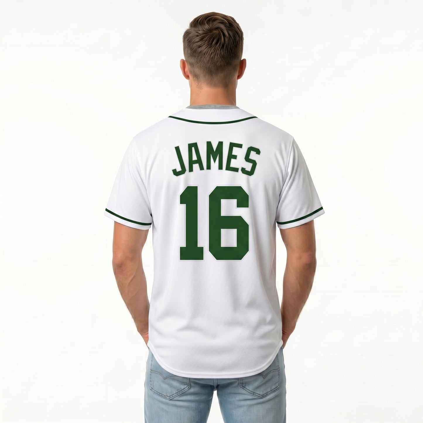 Custom Baseball Jersey - Personalized White Shirt with Green Trim - Full Sublimation for Men Women- Personalized Team Sportswear printed or Stitched Name Number (Size S-8XL)