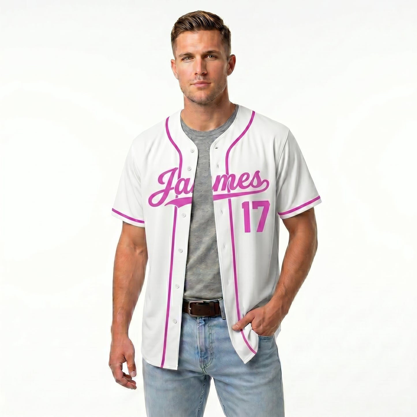 Custom Baseball Jersey - Personalized White Shirt with Pink Lettering - Full Sublimation