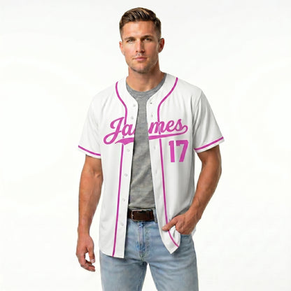 Custom Baseball Jersey - Personalized White Shirt with Pink Lettering - Full Sublimation