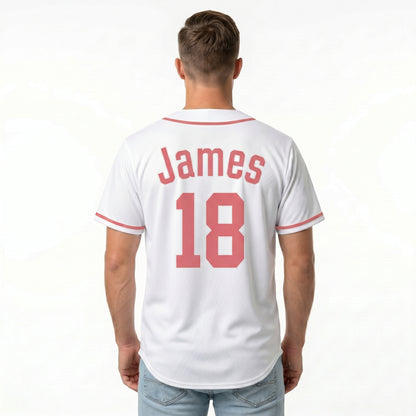 Custom Baseball Jersey - Personalized White Shirt with Soft Red Details - Full Sublimation for Men Women- Personalized Team Sportswear printed or Stitched Name Number (Size S-8XL)